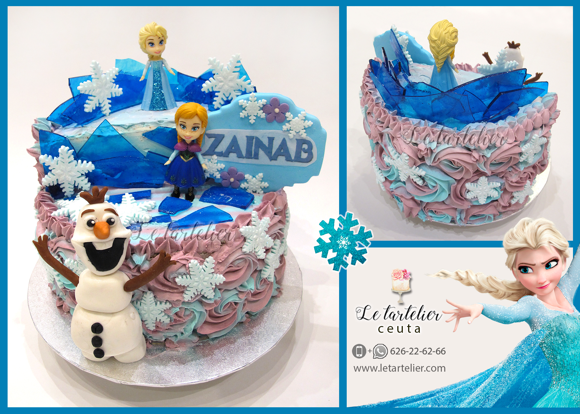 Tarta Frozen con crema e hielo de azúcar con temática de Elsa y Anna. Le  tartelier Ceuta.