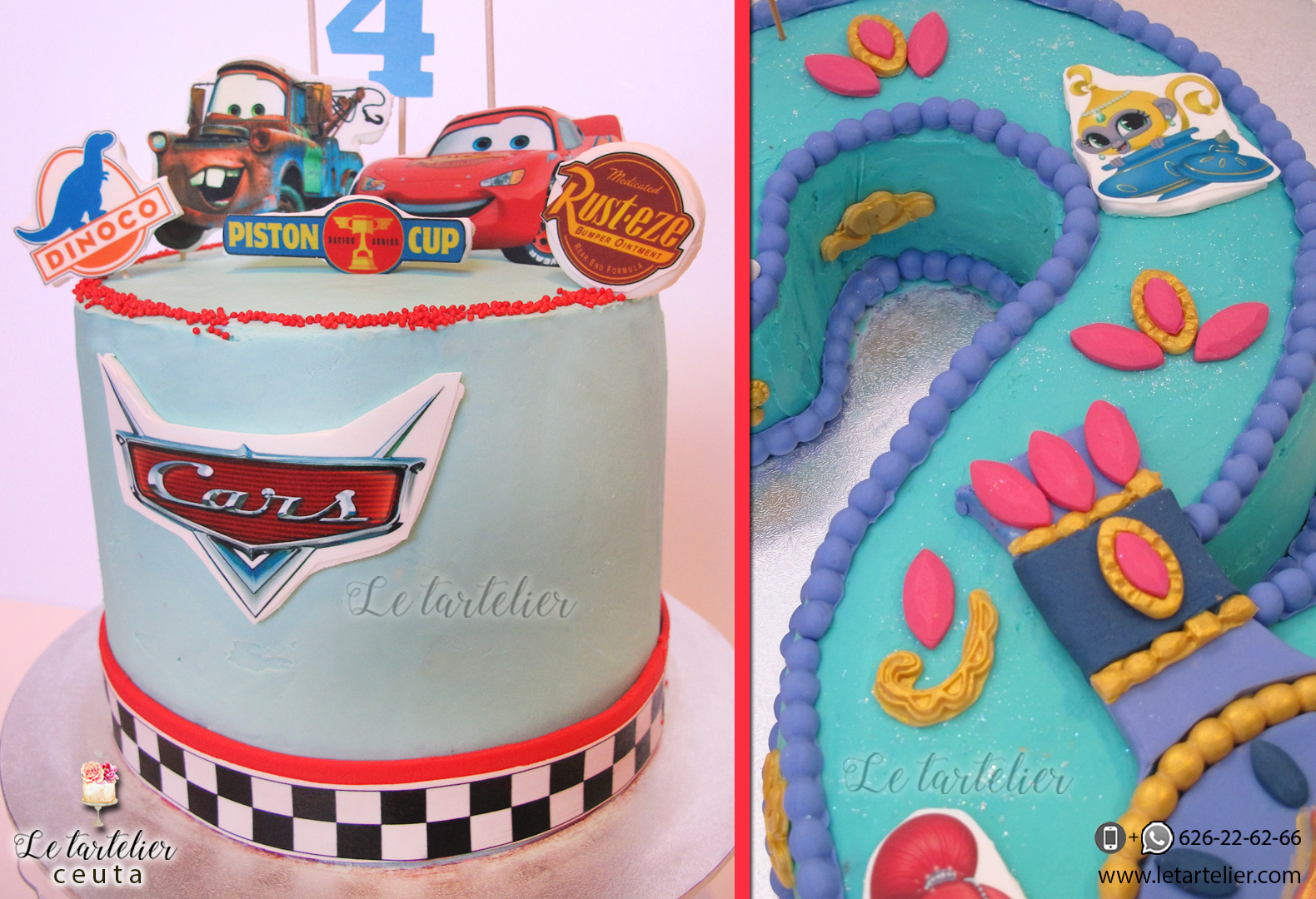 Tarta de cumpleaños infantiles. Shimmer y Shine (números) y Cars – Rayo  McQueen.
