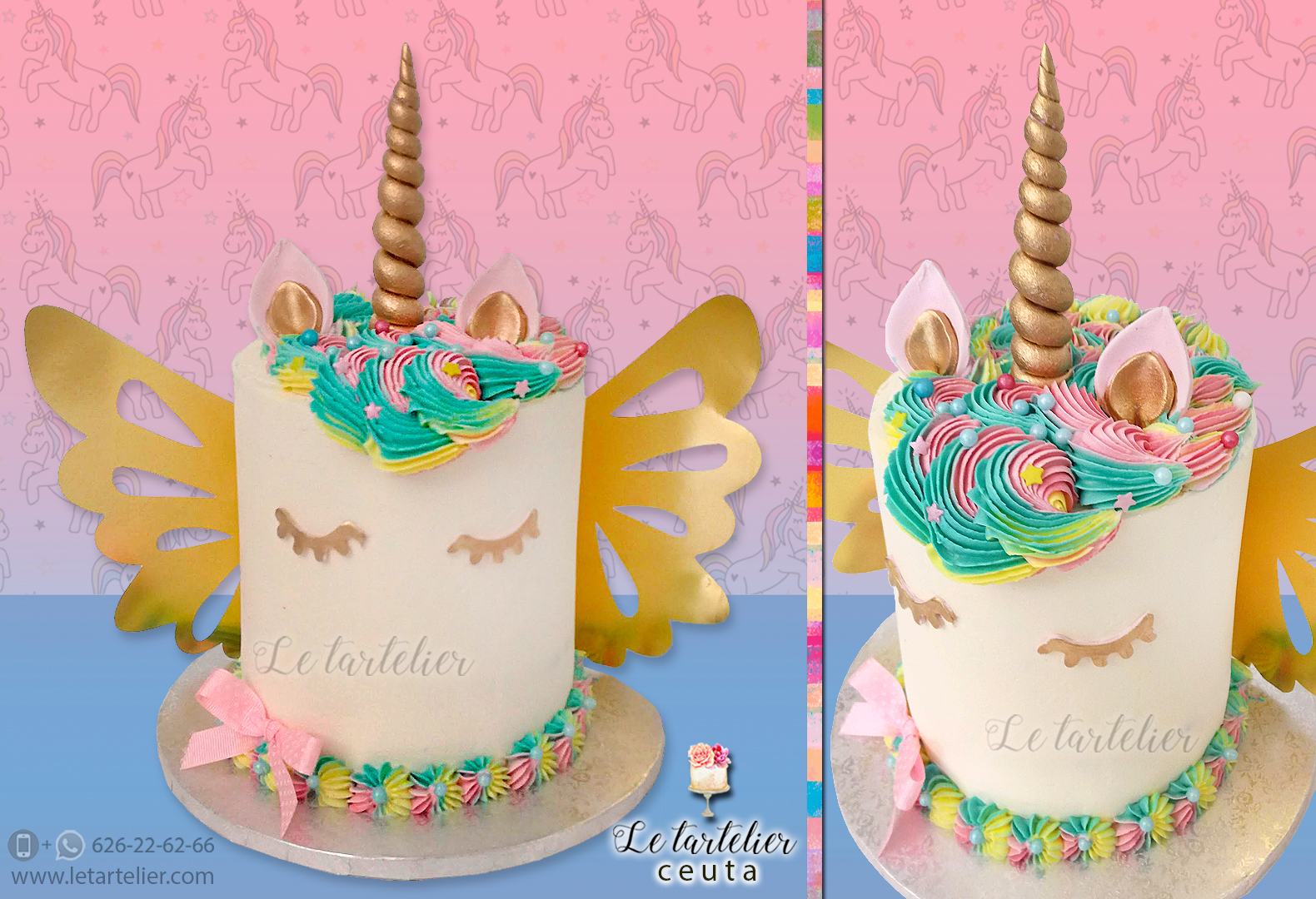 Tarta unicornio con alas. Unicorn cake. Le tartelier Ceuta.